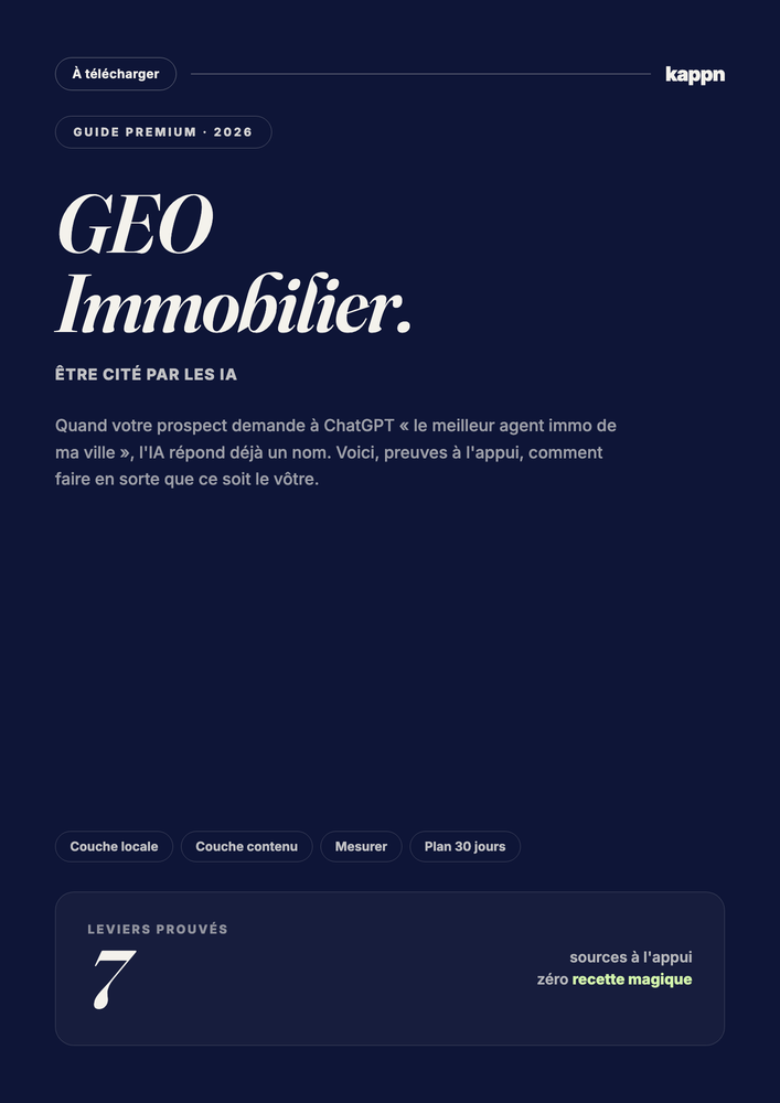 Couverture du guide GEO Immobilier, Être cité par les IA